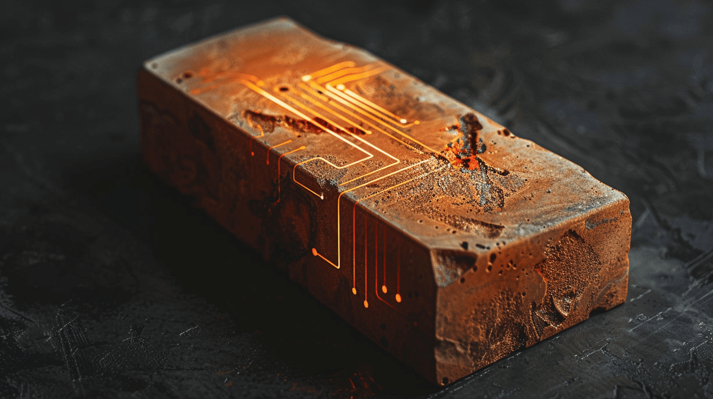 Een terracotta baksteen met fijne, oplichtende circuitlijnen in het oppervlak